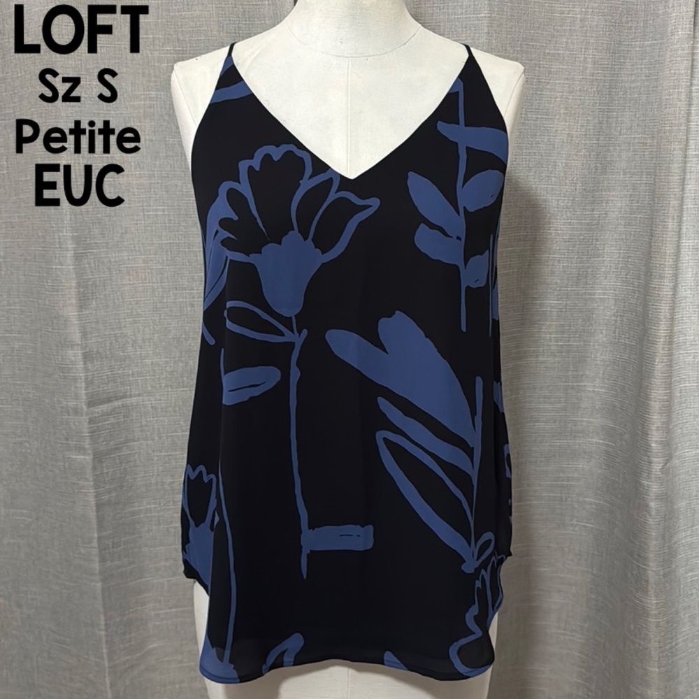 LOFT Top-Sz S Petite-Navy/Bright Blue Floral-Polyester-Lined-Slight V Neck-EUC